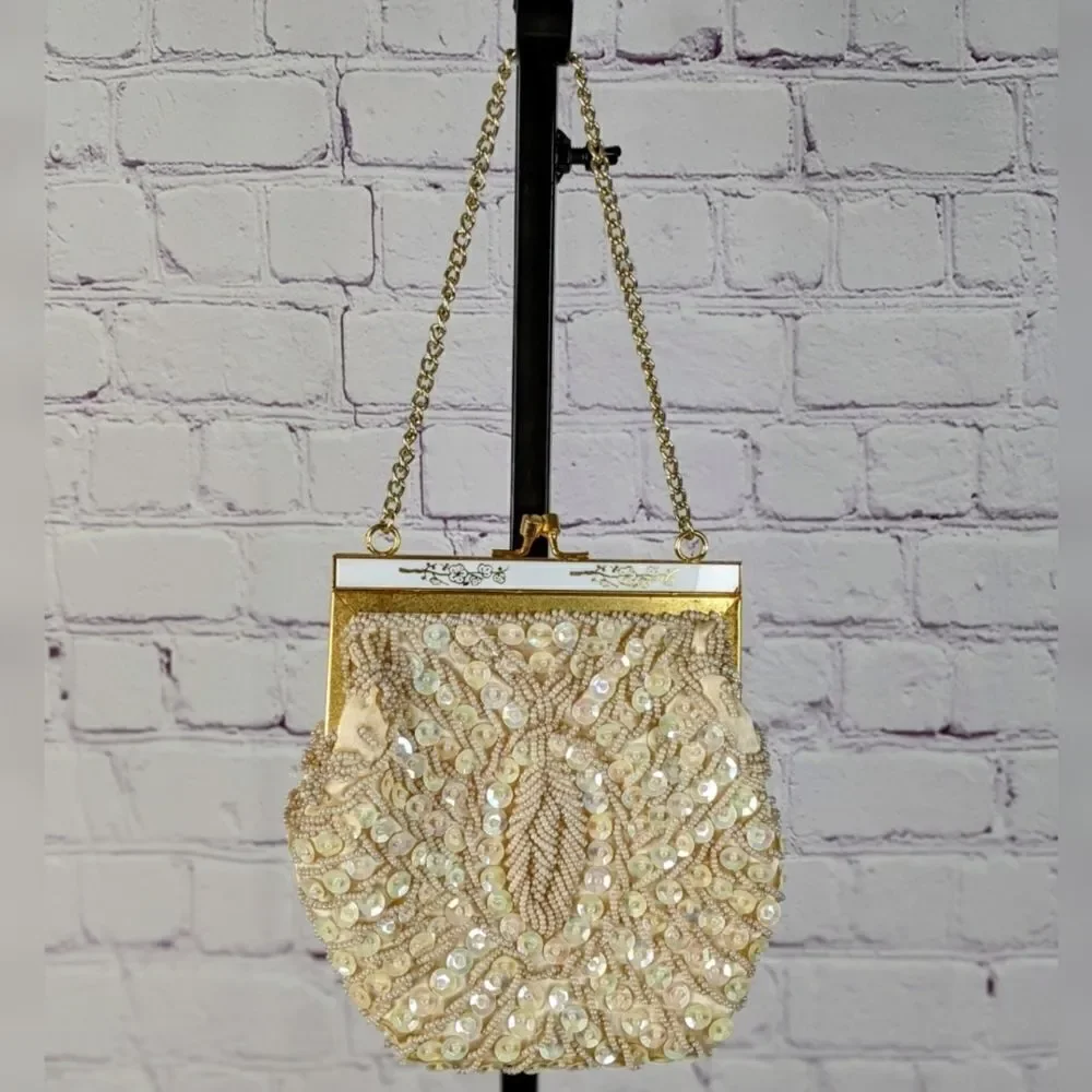 Vintage Hand Beaded Sequin Ivory Clutch Evening Purse by Laura